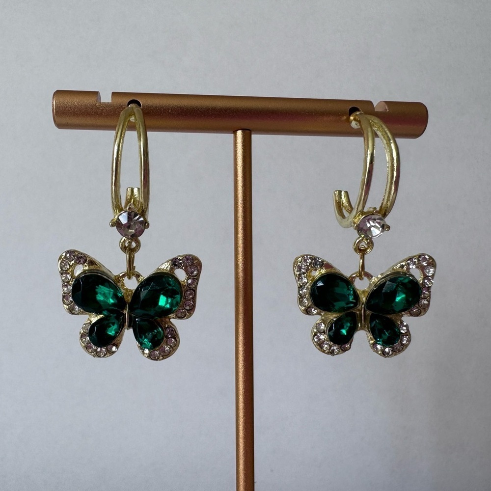 Vintage Green Crystal Butterfly Drop Earrings For Women - Picture 3 of 3